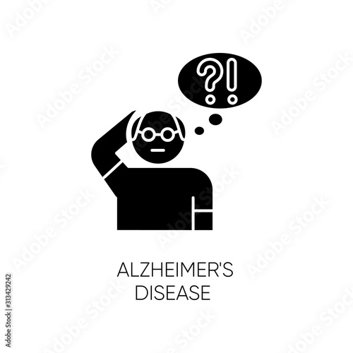 Alzheimer's disease glyph icon. Dementia. Memory loss. Trouble with thinking. Illness from old age. Elderly person. Mental disorder. Silhouette symbol. Negative space. Vector isolated illustration