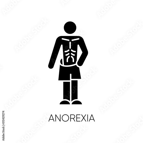 Anorexia glyph icon. Eating disorder. Underweight body mass. Slim and skinny person. Unhealthy weight loss. Mental health. Silhouette symbol. Negative space. Vector isolated illustration