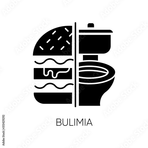 Bulimia glyph icon. Eating disorder. Vomiting food in bathroom. Unhealthy hunger. Binge eating from stress. Mental disorder. Silhouette symbol. Negative space. Vector isolated illustration
