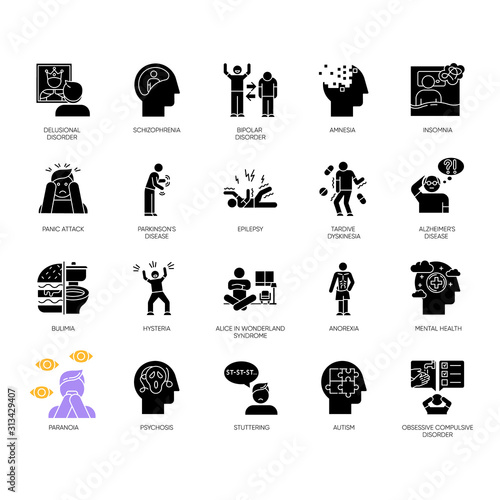 Mental disorder glyph icons set. Delusions, schizophrenia. Amnesia, insomnia. Bulimia, anorexia. Autism spectrum. Obsessive-compulsive syndrome. Silhouette symbols. Vector isolated illustration