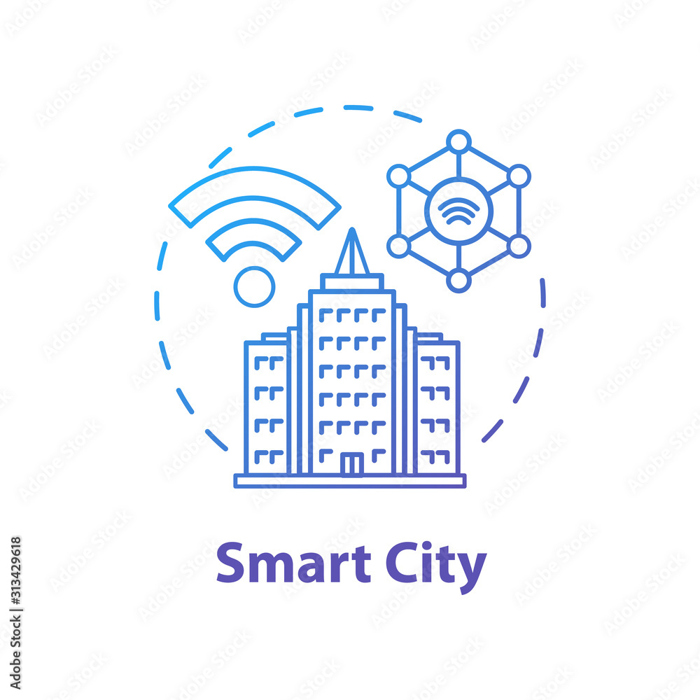 Smart city concept icon. Futuristic tech. 5G technologies idea thin line illustration. Internet of things, networks. Urban modern technology. Vector isolated outline drawing. Editable stroke