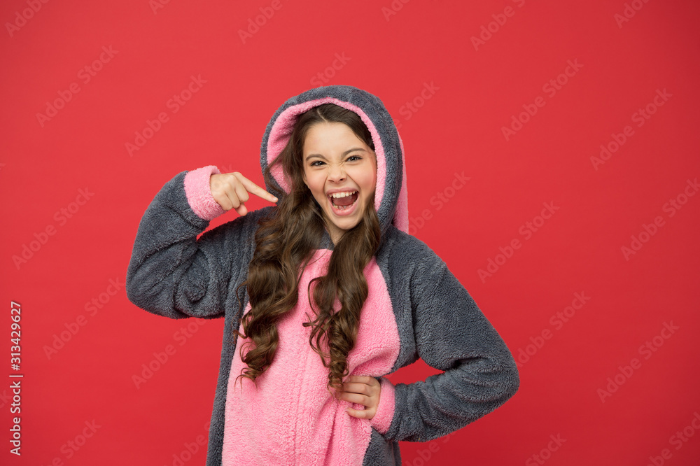 Beautiful me. Happy girl point finger red background. Small girl wear soft pajamas. Cute girl child feel comfy and relaxed. Cool girl never sleeps. Childhood and girlhood Beautiful me. Happy girl point finger red background. Small girl wear soft pajamas. Cute girl child feel comfy and relaxed. Cool girl never sleeps. Childhood and girlhood