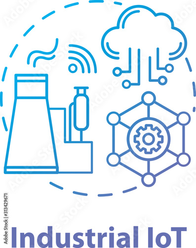Industrial IoT concept icon. Industrial internet. Manufacturing automatization idea thin line illustration. Modern technologies. Smart industry. Vector isolated outline drawing. Editable stroke