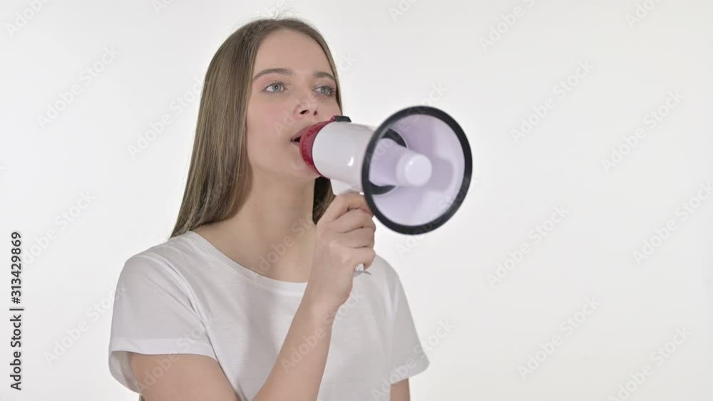 Beautiful Woman Announcing on Loudspeaker, White Background Beautiful Woman Announcing on Loudspeaker, White Background