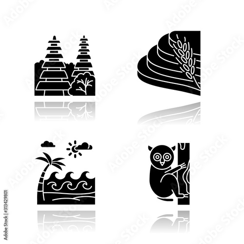 Indonesia drop shadow black glyph icons set. Tropical animals. Vacation in Indonesia. Exploring exotic wildlife. Unique flora, fauna. Bali sightseeing and architecture. Isolated vector illustrations