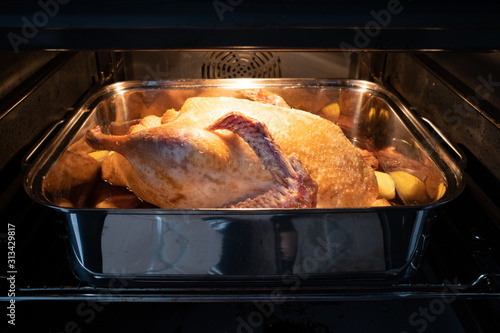 in an oven there is a roasting pot in which a raw duck lies to be roasted
