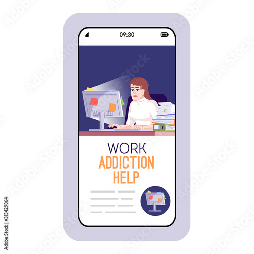 Work addiction help cartoon smartphone vector app screen. Mobile phone displays with flat character design mockup. Destructive behavior, burnout prevention application telephone interface