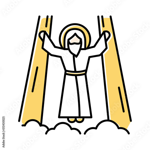 Ascension of Jesus Christ color icon. Messiah, the son of god raising on cloud in divine light. Savior in heaven in glory. Bible easter story. New Testament. Isolated vector illustration