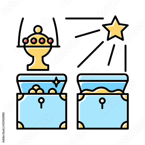 Gifts of the magi blue color icon. Baby Jesus gifts from three magic kings. Treasures illuminated by star. Christmas holiday. Happy Epiphany day. Bible narrative. Isolated vector illustration