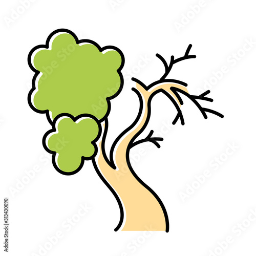 Fig tree color icon. Old half dead tree. Healthy leaved part and dying part symbol. Biblical plant of life. Bible narrative. Gospel story. Isolated vector illustration