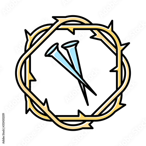 Crown of thorns and nails color icon. Symbols of Passion of Jesus Christ. Easter wreath and spikes. Good Friday. New Testament. Bible narrative. Gospel story. Isolated vector illustration