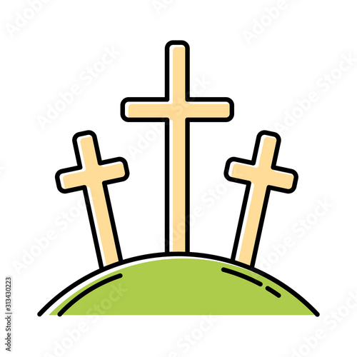 Calvary hill color icon. Three crosses at Golgotha mountain. Crucifixion of Jesus Christ. Good Friday. New Testament. Bible narrative. Christian symbol. Isolated vector illustration