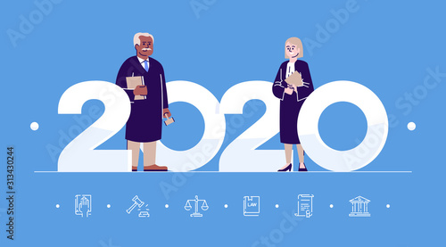 Professions 2020 flat banner vector template. Lawyers isolated cartoon characters on sky blue. Judge and attorney. People in uniform. Banner, brochure page, leaflet design layout, place for text
