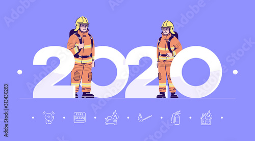 Professions 2020 flat banner vector template. Firefighters isolated cartoon characters on blue. Fireman in protective costume. Banner, brochure page, leaflet design layout with place for text