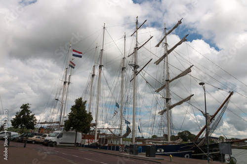 A sailship in a harbor in the Netherlands.