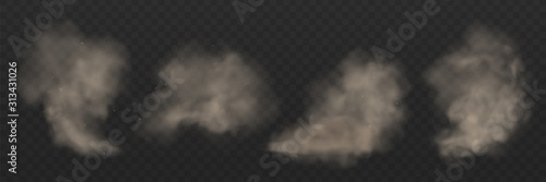 Set of isolated realistic smoke or gray fog, mist closeup and environment smog, dust and air light, cloudy atmosphere or exhaust, realistic pollution on transparent background. Smoky gas or steam