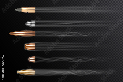Flying bullets with shot fire smoke tails, vector realistic isolated on transparent background. Bullet shoot in motion, different caliber types with shooting smoke trails, firearm and gun weapon