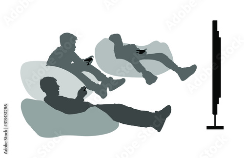 Teenagers gamer boys playing video game and watching screen monitor vector silhouette illustration isolated on white background. Friends with joystick on lazy bed enjoying.  Children entertainment