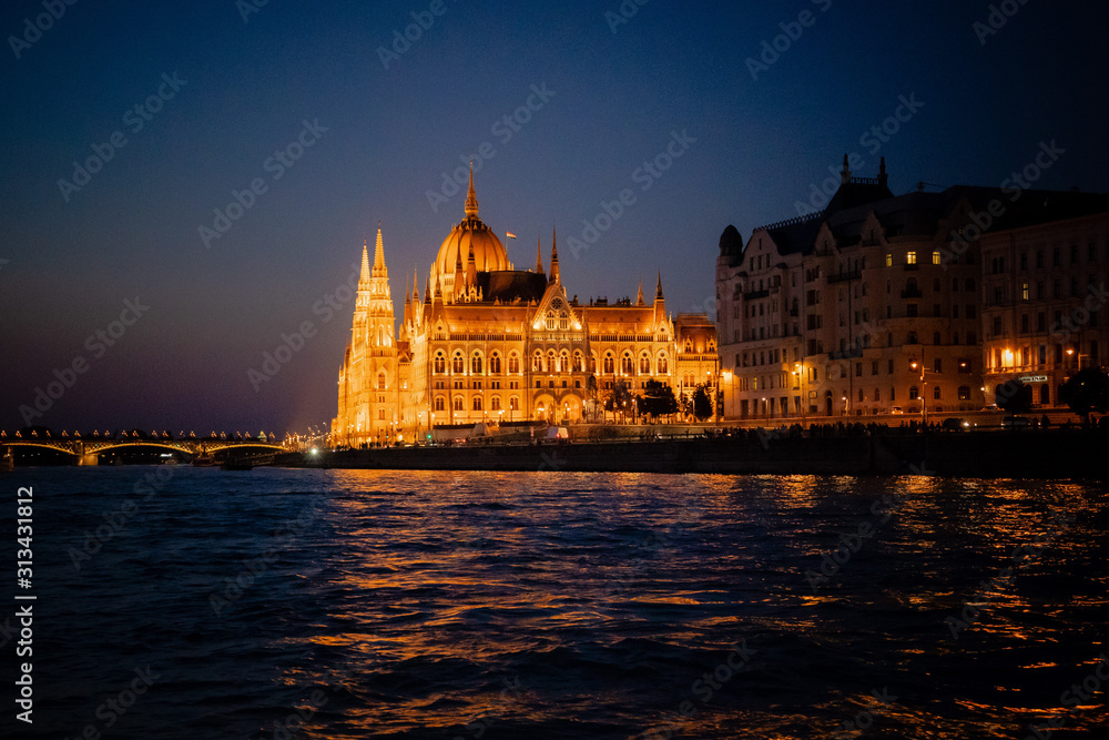 Budapest Hungary Parliament Building at Night from Danube River