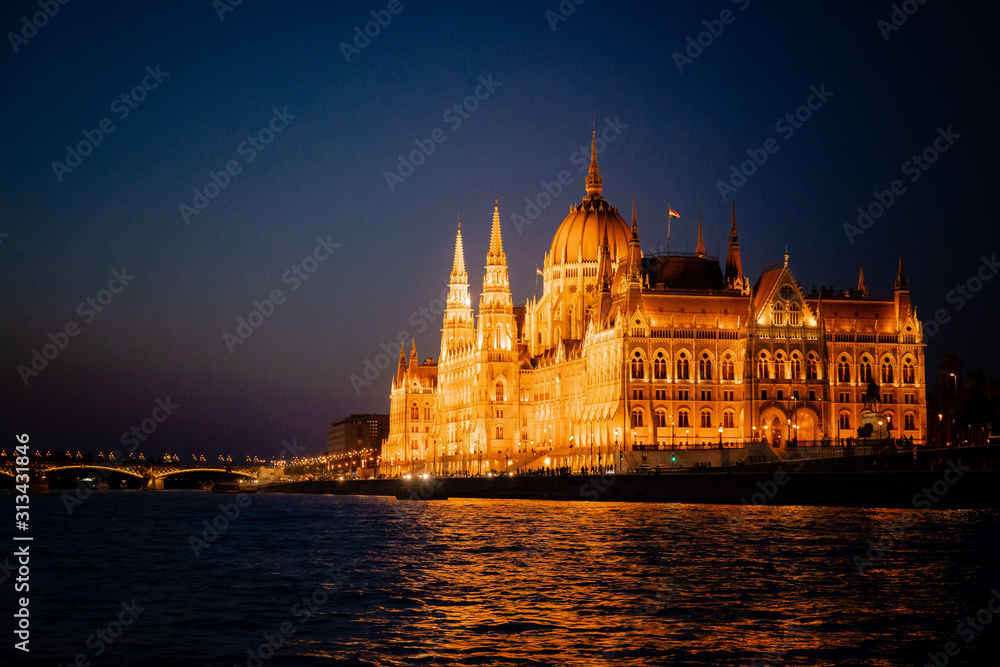 Obraz premium Budapest Hungary Parliament Building at Night from Danube River