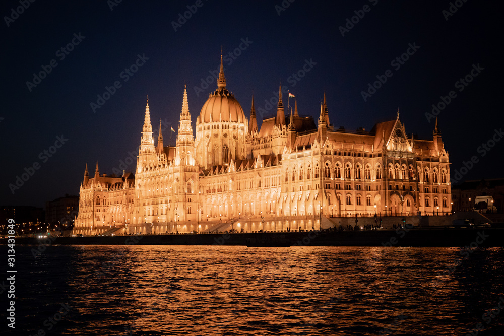 Budapest Hungary Parliament Building at Night from Danube River