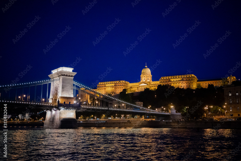 Budapest Hungary Basilica Building and Chain Bridge at Night