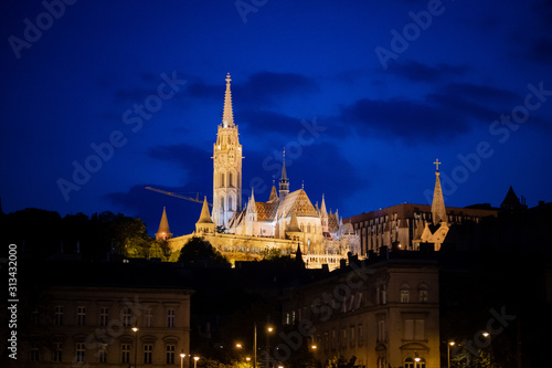 Budapest Hungary Church at Night from Danube River