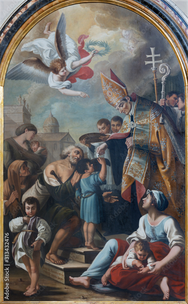 CATANIA, ITALY - APRIL 7, 2018: The paintng of St. Thomas of Villanova in church Chiesa di San Agostino by Giuseppe Zacco (1809).