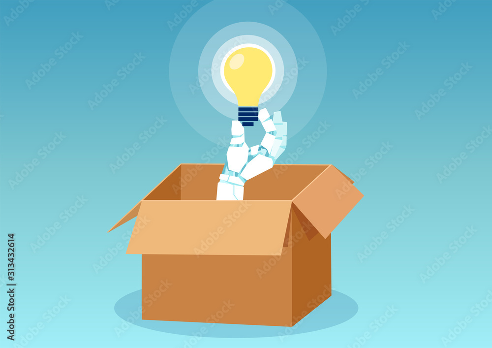 Vector of a robot sticking hand with lightbulb out of the box