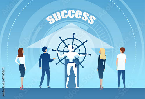 Vector of a robot in charge of ship steering wheel bringing businesspeople team to success.