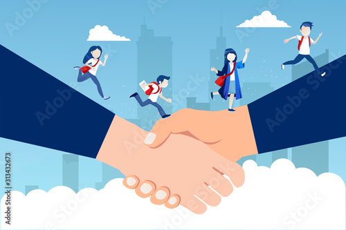 Vector of children students runnning on a bridge handshake