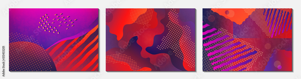Collection of cards. Abstract geometric composition with decorative wavy shapes, triangles, rectangles, lines and dots. Modern background for your design.