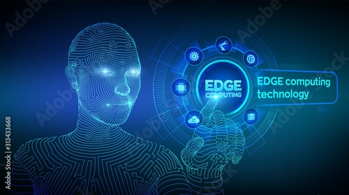Edge computing modern IT technology on virtual screen concept. Edge computing industry 4.0 concept. Internet of things. Wireframed cyborg hand touching digital interface. Vector illustration.