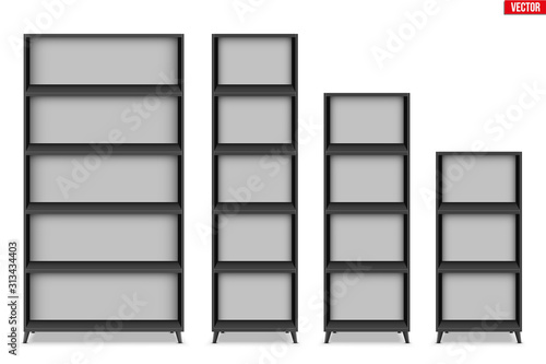Set of Empty rack with shelves or bookshelf stand. Black color. Sample Furniture Home and Workplace Interior element. Vector Illustration isolated on white background