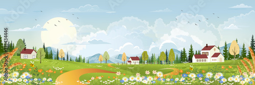 Spring landscape with farm house,mountain,sun, blue sky and clouds, Panorama countryside in UK with  peaceful rural nature in springtime with wild grass land.Cartoon vector for spring or summer banner