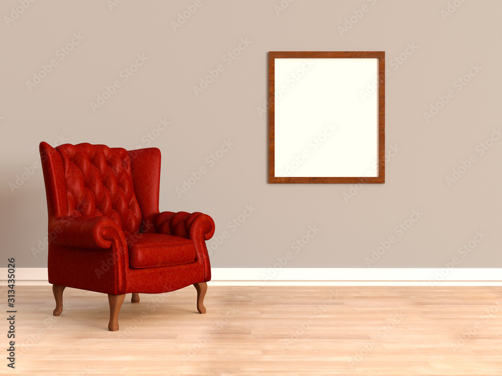 Living room interior mockup with classic red leather armchair and empty photo frame. 3D rendering. Living room interior mockup with classic red leather armchair and empty photo frame. 3D rendering.