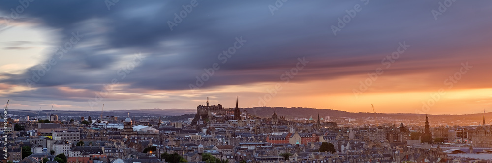 Panoramic view of Edinburgh at sunset. Scotland, UK