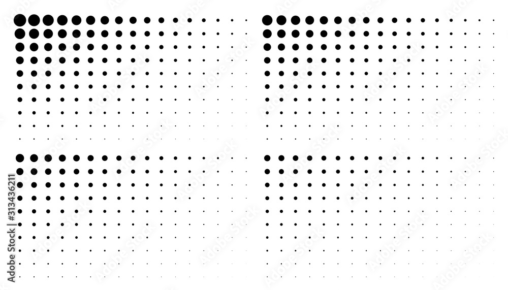 Set of corner gradient halftone dots backgrounds. Horizontal templates using halftone dots pattern. Vector illustration