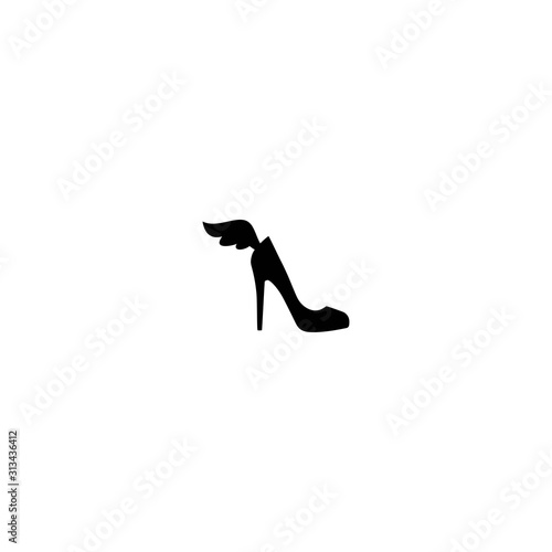 Female shoe with high heel and wing. Elegant black slipper with spike heel on while background.