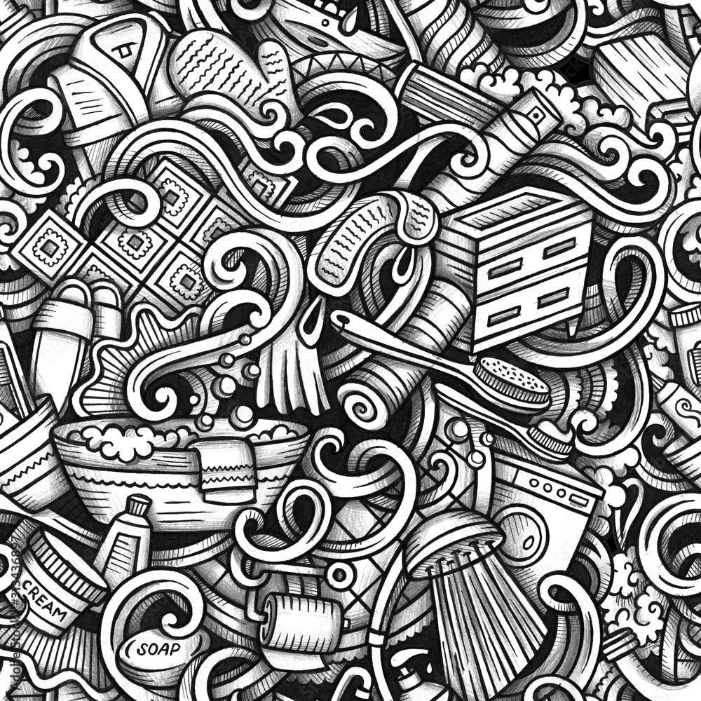 Bathroom hand drawn doodles seamless pattern. Graphics background design. Bathroom hand drawn doodles seamless pattern. Graphics background design.