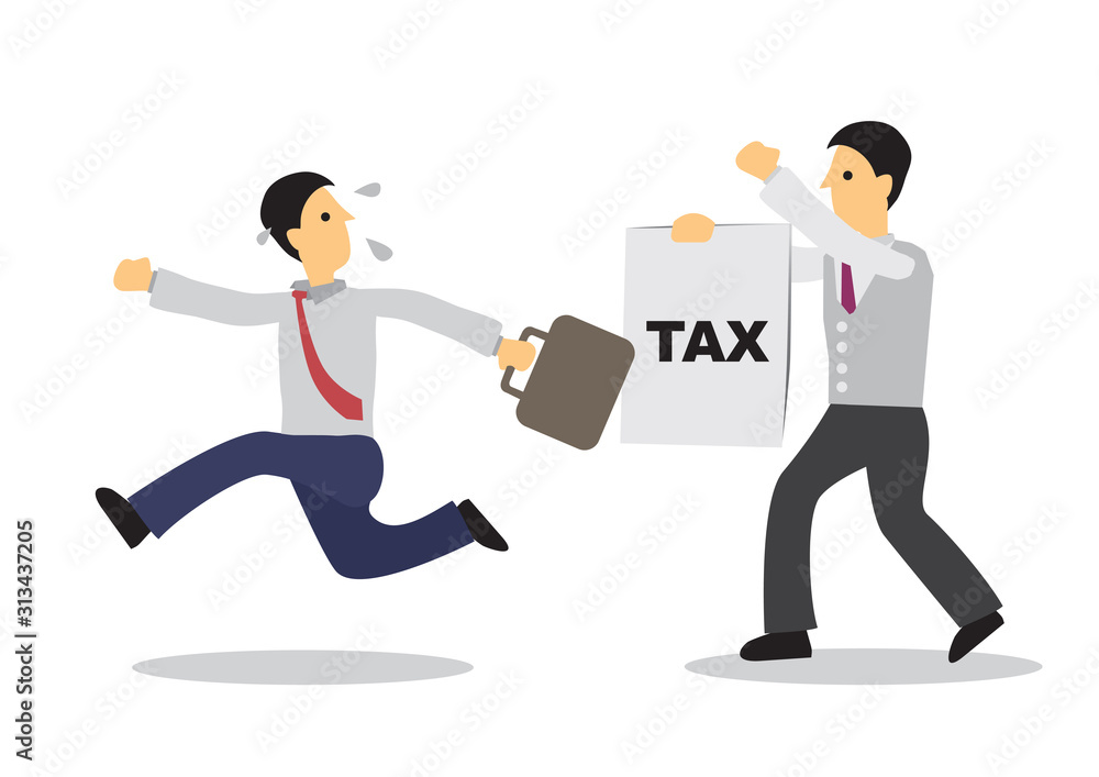 Businessman running away from person with a tax paying paper. Business concept of escape or debt. Businessman running away from person with a tax paying paper. Business concept of escape or debt.