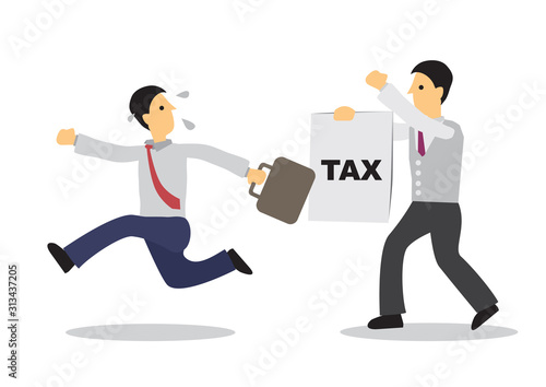 Businessman running away from person with a tax paying paper. Business concept of escape or debt.