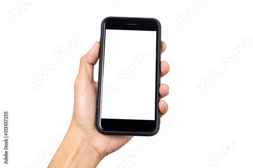 Hand man holding mobile smartphone with blank screen isolated on white background with clipping path