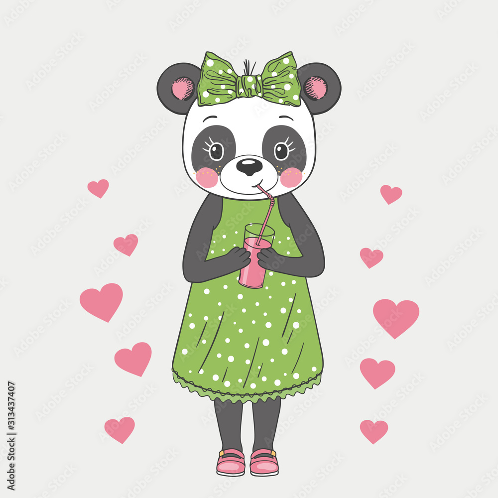 Cute panda girl drinking pink juice. Cartoon vector illustration for prints on t-shirts and other uses Cute panda girl drinking pink juice. Cartoon vector illustration for prints on t-shirts and other uses