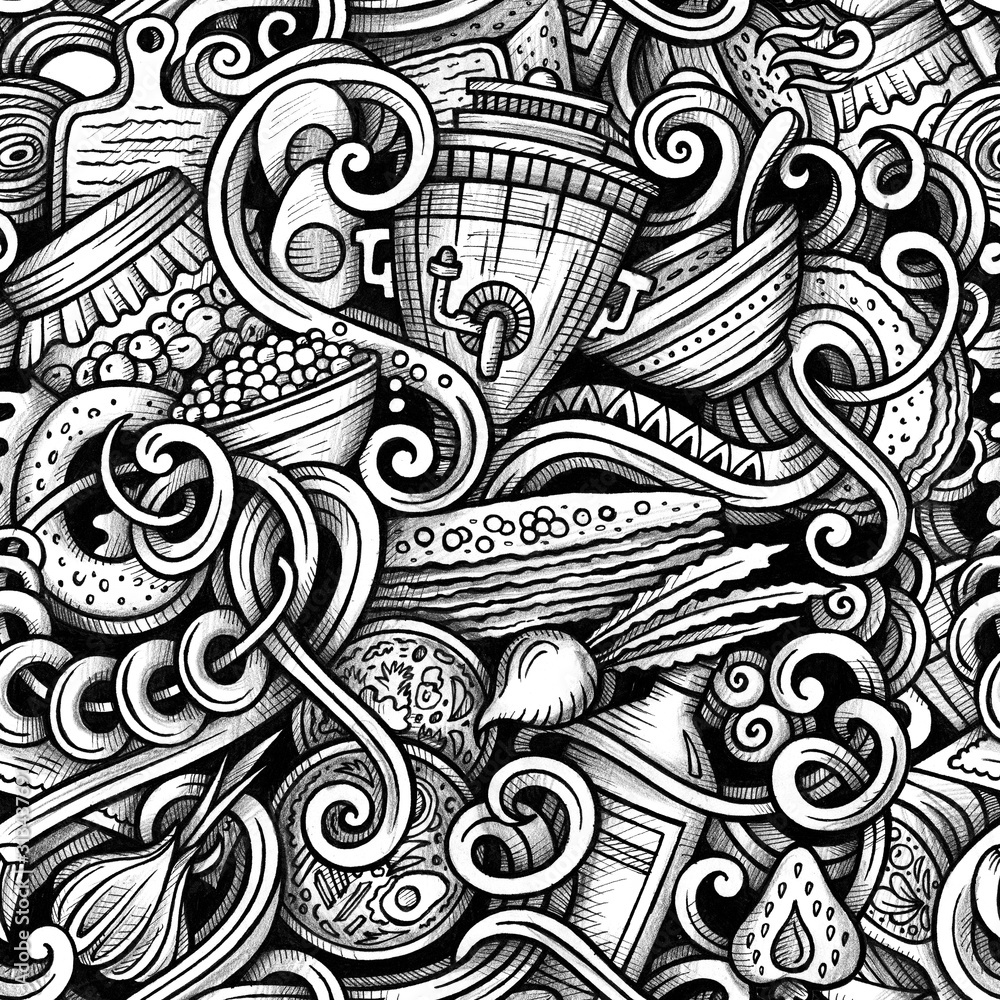 Obraz premium Russian food hand drawn doodles seamless pattern.