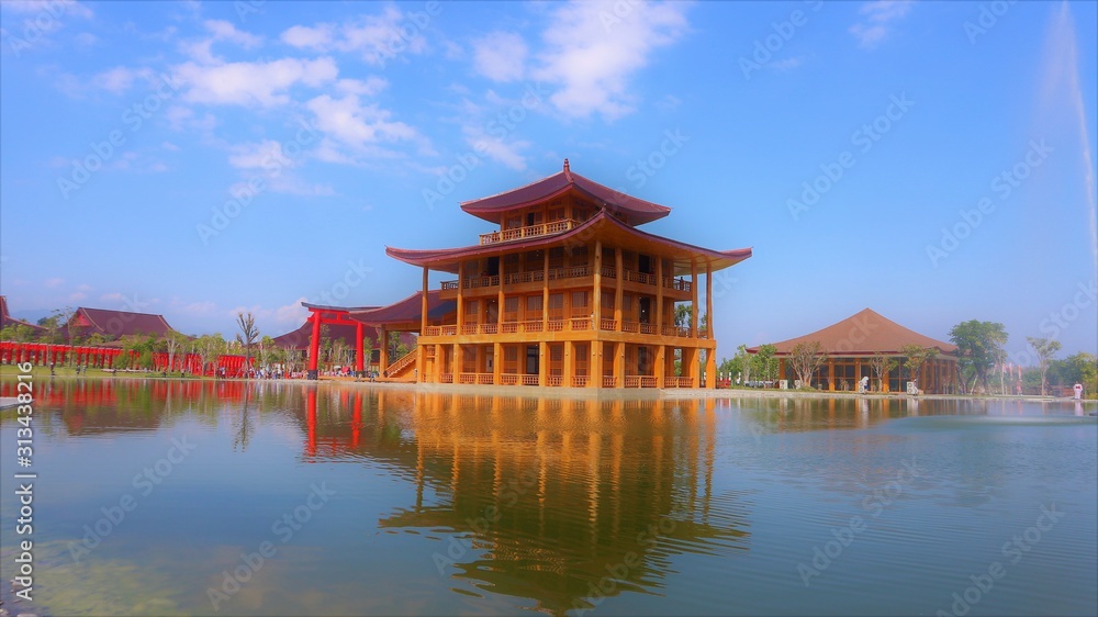 Fototapeta premium Hinoki land constitute Modern of Japan architecture It is a New tourist attraction in Chaiprakarn district Chiang Mai province, Thailand,