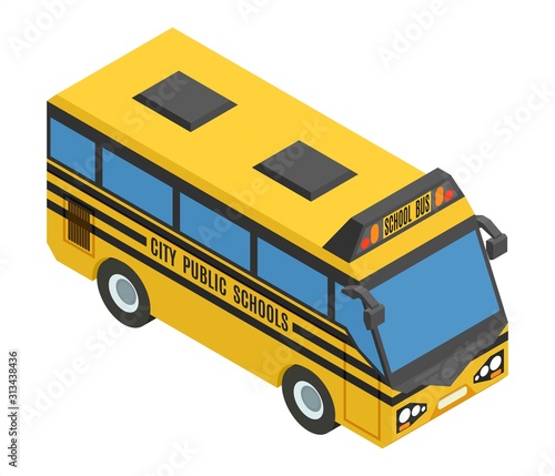 yellow small isometric bus with blue glasses