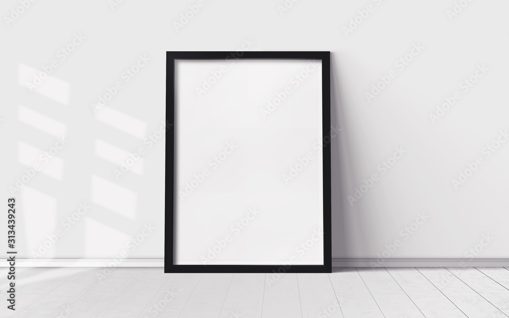 White poster with blank frame on wooden floor. Mockup for you design print. White poster with blank frame on wooden floor. Mockup for you design print.