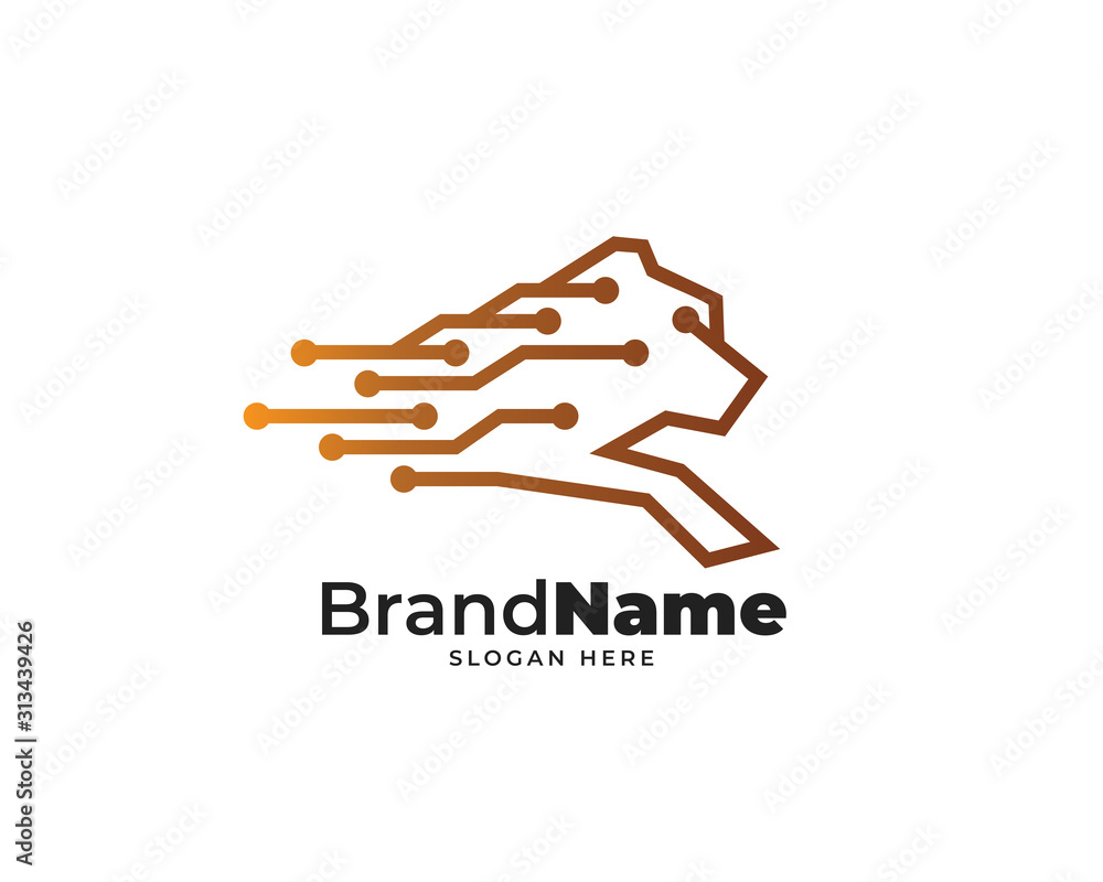 lion tech logo design vector, line art speed technology design