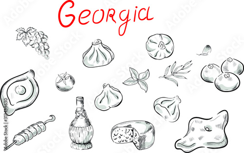 set of vegetables and fruits, wine , cheese, georgian cuisine , characters isolated on white background 